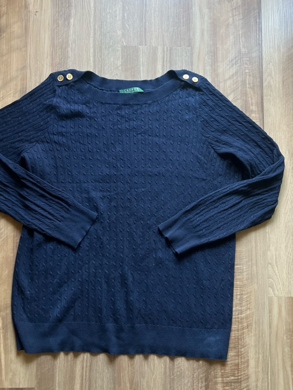 Lauren Ralph Lauren Navy Cable-Knit Crewneck Sweater with Shoulder Buttons